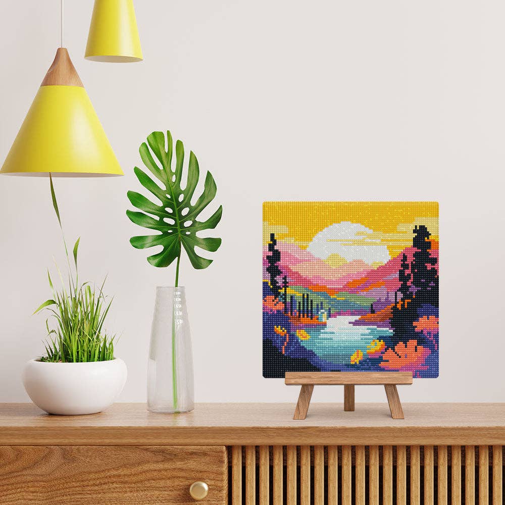 Mini Diamond Painting avec cadre Coucher de Soleil Coloré: Toile tendue sur châssis / 25x25cm