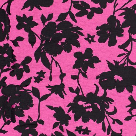 COUPON 3M x 150 CM VISCOSE NYLON CREPE TISSU IMPRIMÉ FLEURS FUSHIA NOIR