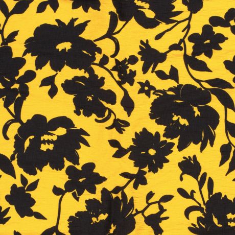 COUPON VISCOSE NYLON CREPE TISSU IMPRIMÉ FLEURS OCRE NOIR 1M X 150 CM