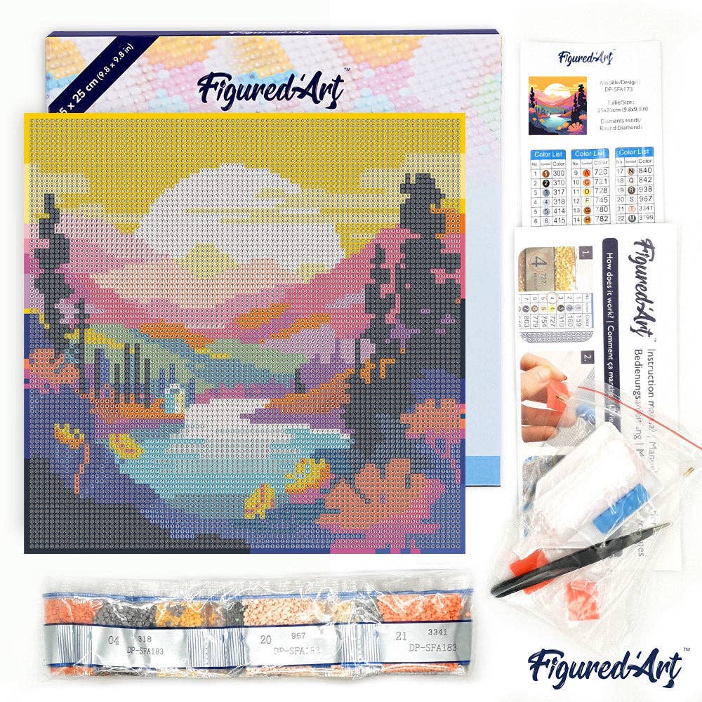 Mini Diamond Painting avec cadre Coucher de Soleil Coloré: Toile tendue sur châssis / 25x25cm