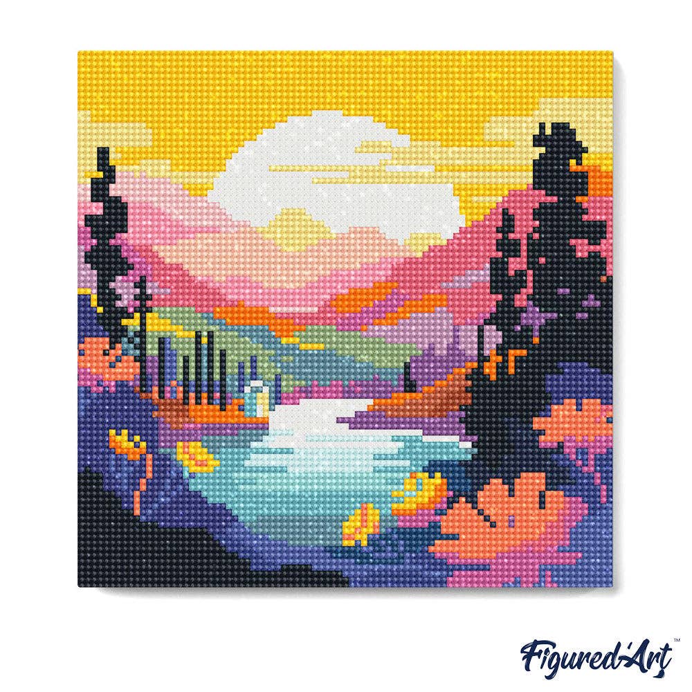 Mini Diamond Painting avec cadre Coucher de Soleil Coloré: Toile tendue sur châssis / 25x25cm