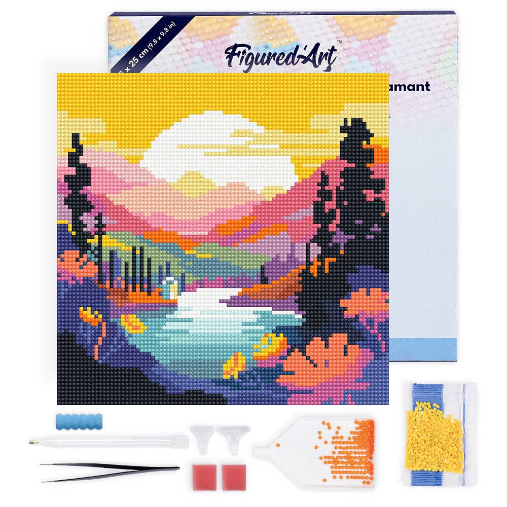 Mini Diamond Painting avec cadre Coucher de Soleil Coloré: Toile tendue sur châssis / 25x25cm