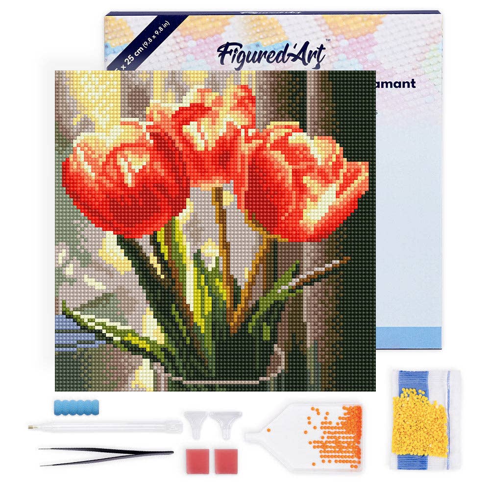 Mini Diamond Painting 25x25cm avec cadre - Tulipes Pêche: Toile tendue sur châssis / 25x25cm