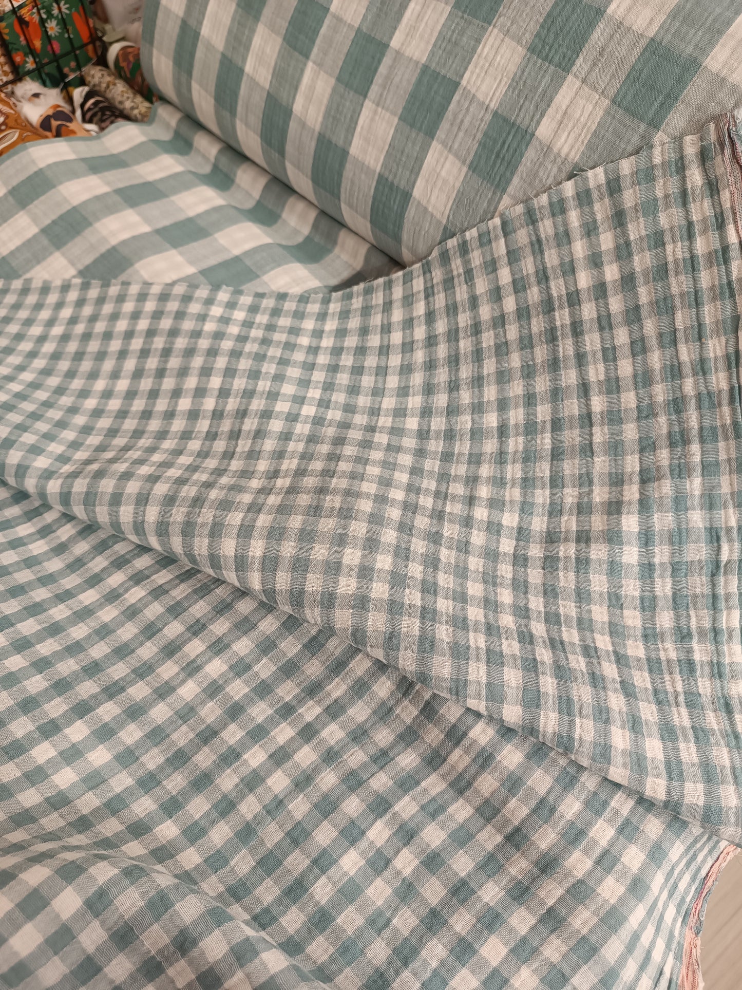 Double Gaze réversible vichy vert de gris