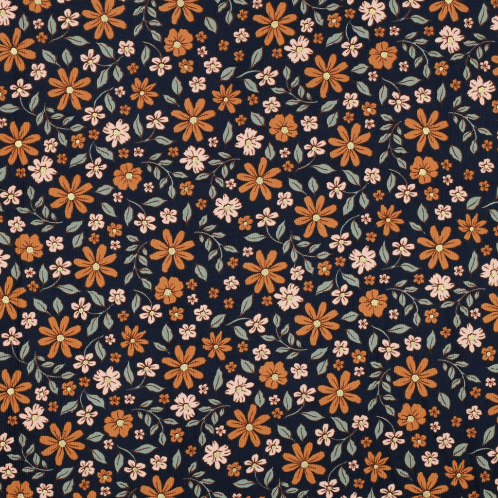 Tissu velours côtelé Bleu marine Flowers