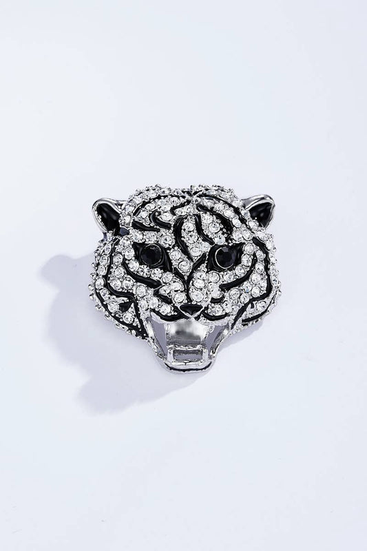 Broche en forme de tête de tigre avec strass BHY06: Argent